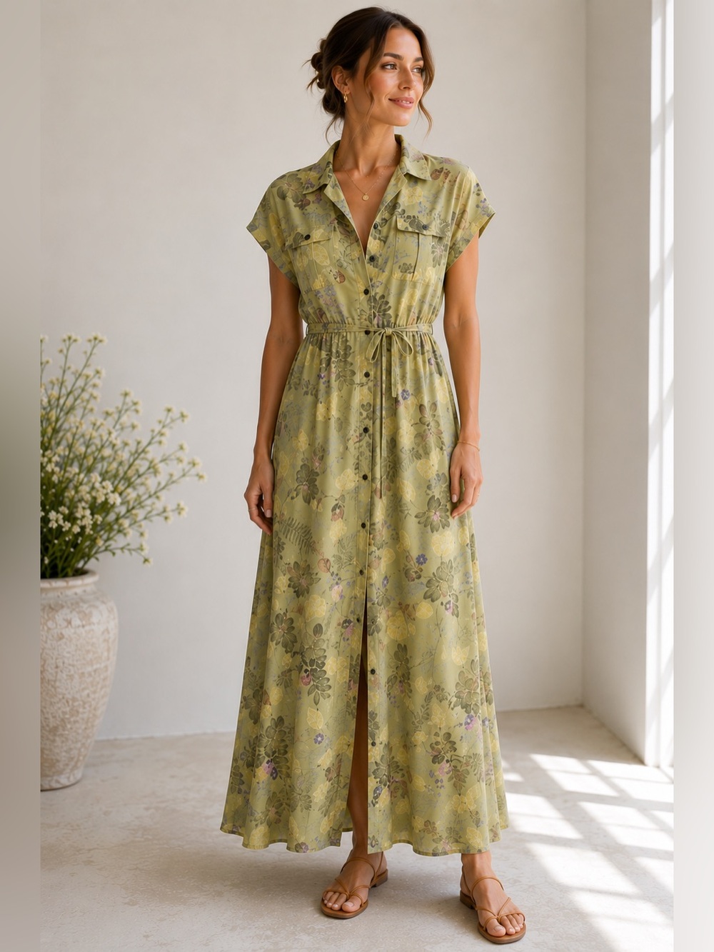 Sigrid Olsen Light Green Botanical Maxi Shirt Dress with Floral Print